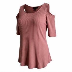 Project28 Womens Waffle Knit Top Size L  Textured Cold Shoulder Casual Minimal